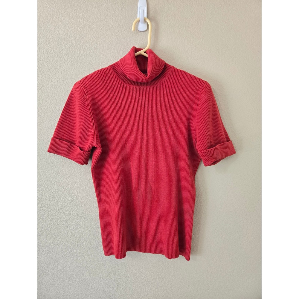 Worth New York Red Ribbed Short Sleeve Turtleneck Sweater Cuffed Size Small